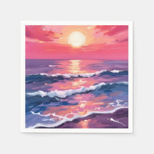Pink Sunset Purple Ocean Waves Watercolor Napkins