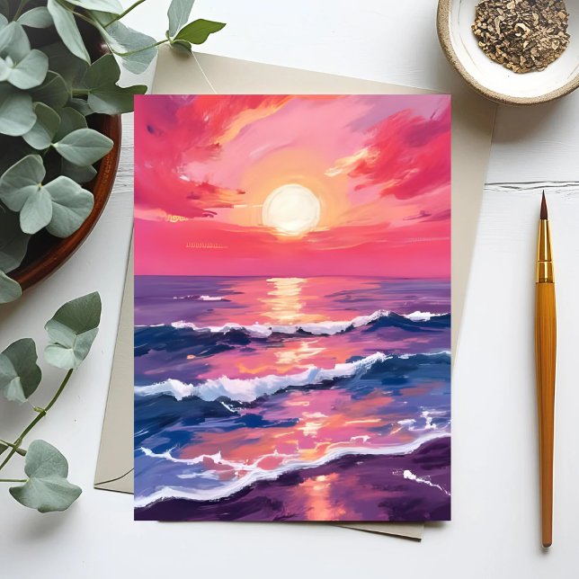 Pink Sunset Purple Ocean Waves Watercolor Postcard (Creator Uploaded)