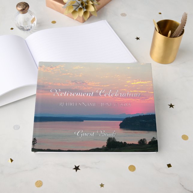 Pink Sunset Retirement Celebration Foil Guest Book (Front Open)