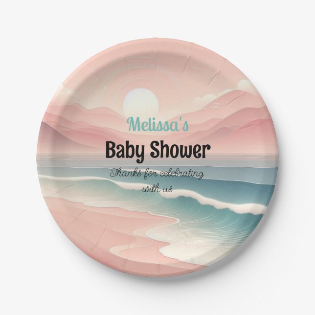 Pink Sunset Rolling Waves Baby Shower Paper Plates (Front)