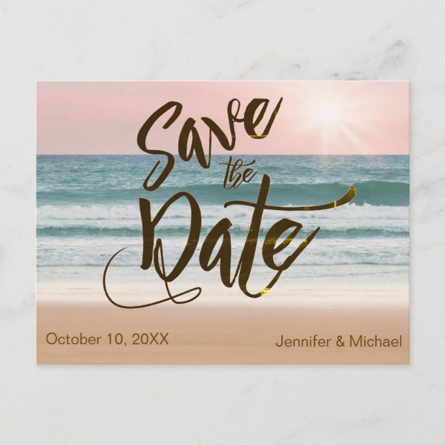 Pink Sunset Rustic Beach Summer Save the Date Announcement Postcard (Front)