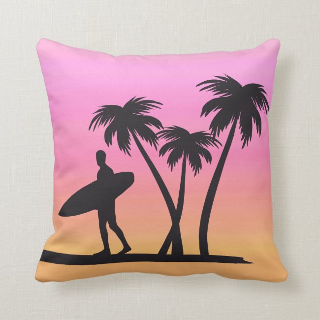 Pink Sunset Surfer in Silhouette Throw Pillow