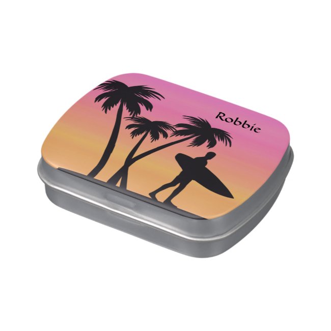 Pink Sunset Surfer Silhouette Candy Tin