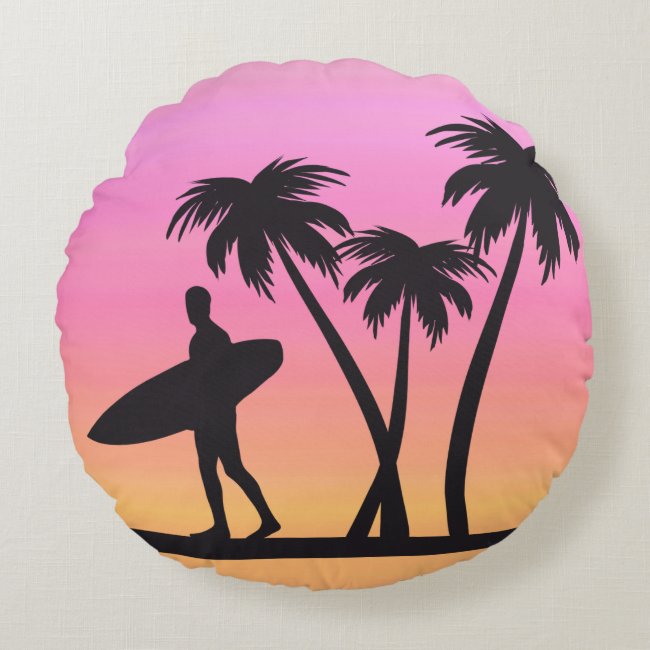 Pink Sunset Surfer Sports Round Pillow