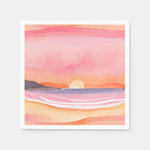 Pink Sunset   Watercolor Beach Sky Painting Napkins