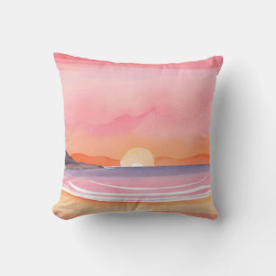 Pink Sunset Watercolor Beach Sky Painting Throw Pillow