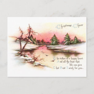 Pink Sunset Winter Landscape Vintage Christmas Holiday Postcard