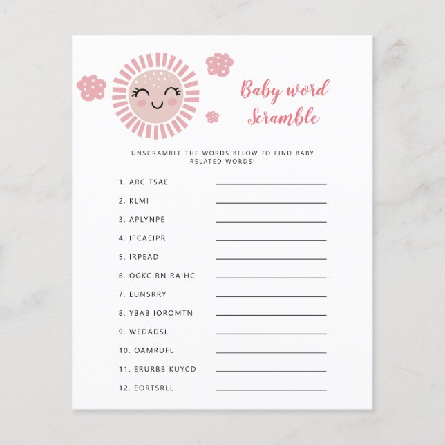 Pink Sunshine Baby Shower Word Scramble Game (Front)