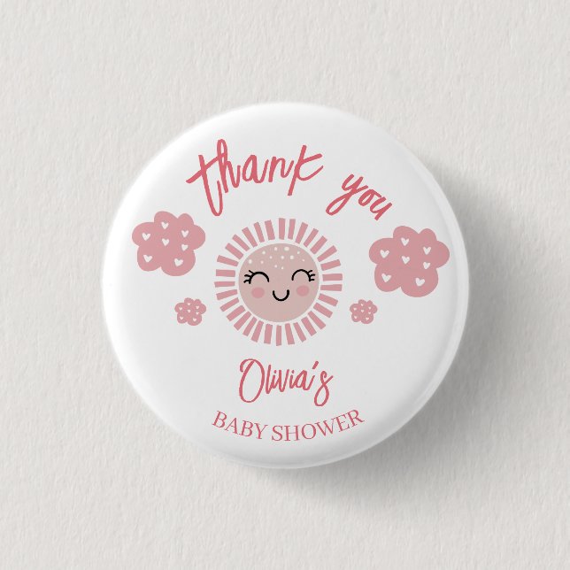 Pink Sunshine Girl Baby Shower Thank You Gift  Button (Front)