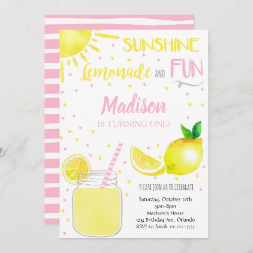 Pink Sunshine Lemonade Fun Party Birthday Invite