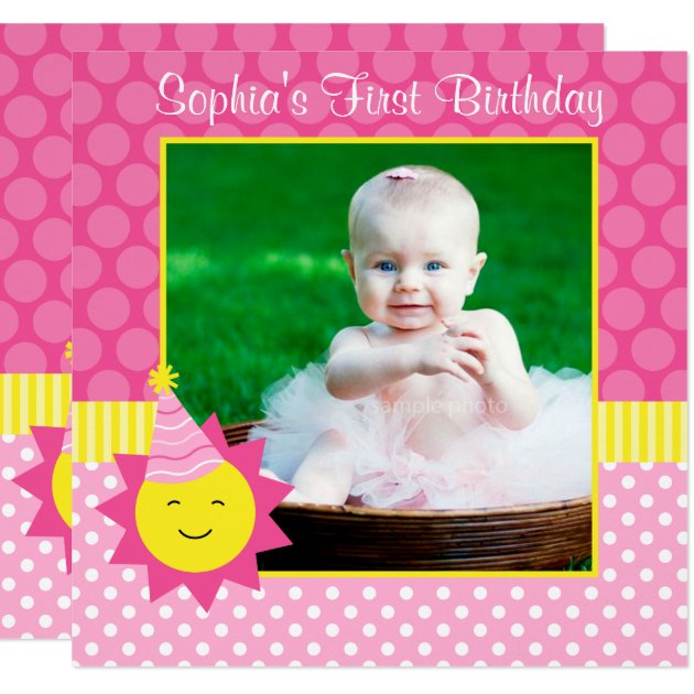 Pink Sunshine Polka Dot 1st Birthday Photo Card