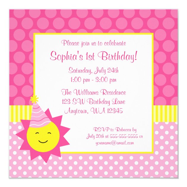 Pink Sunshine Polka Dot 1st Birthday Photo Card