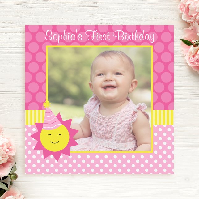 Pink Sunshine Polka Dot 1st Birthday Photo Invitation (Creator Uploaded)