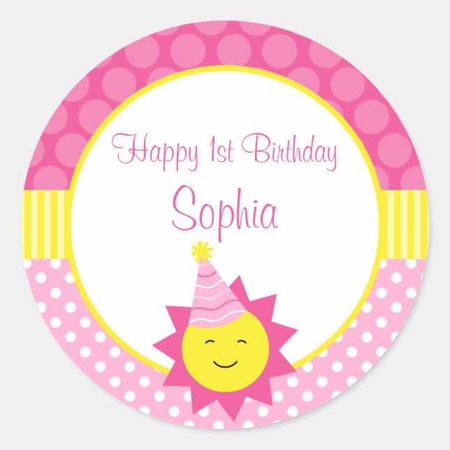 Pink Sunshine Polka Dot 1st Personalized Birthday Classic Round Sticker (Front)