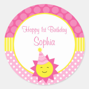 Pink Sunshine Polka Dot 1st Personalized Birthday Classic Round Sticker