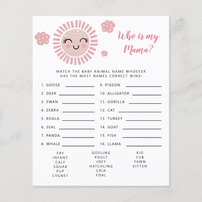 Pink Sunshine Who Is My Mama Baby Shower Game  (Front)