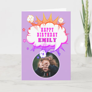 Pink Superhero Cartoon Bubble Photo Birthday Card