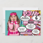 Pink Superhero Comic Birthday Party Photo Invitation (Front)