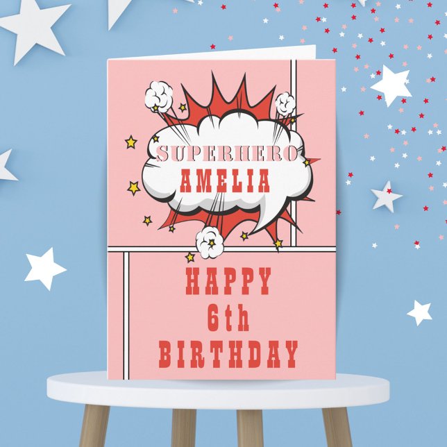 Pink Superhero Comic Speech Bubble Girl Birthday Card (Creator Uploaded)