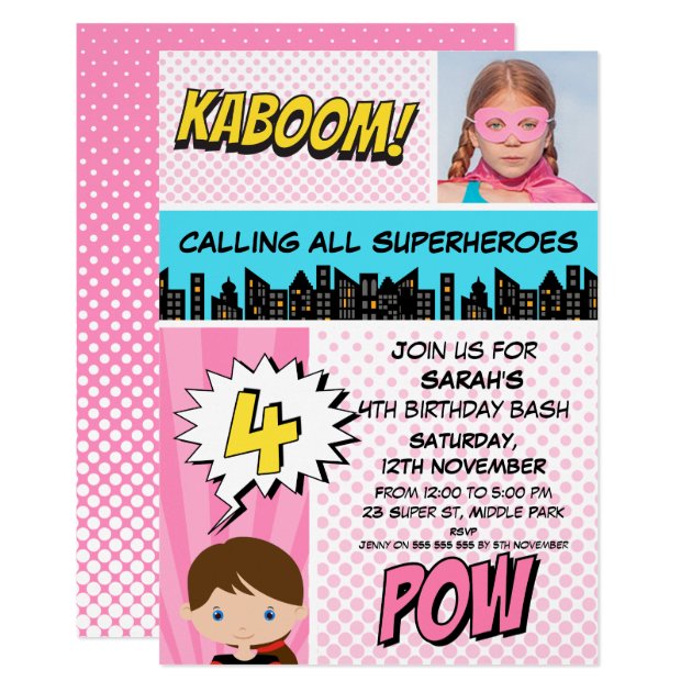 Pink Superhero Photo 4th Birthday Party Invitation