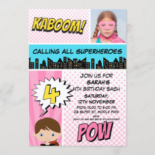 Pink Superhero Photo 4th Birthday Party Invitation