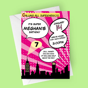 Pink Superheros Comic Book Styled Birthday Party Invitation