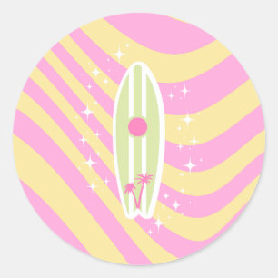 Pink Surfboard, Beach Art, Tropical Vibes, Preppy Classic Round Sticker