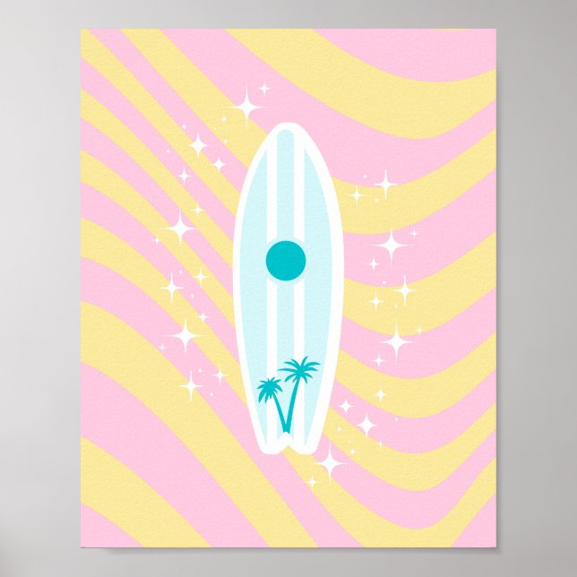 Pink Surfboard, Beach Art, Tropical Vibes, Preppy Poster (Front)