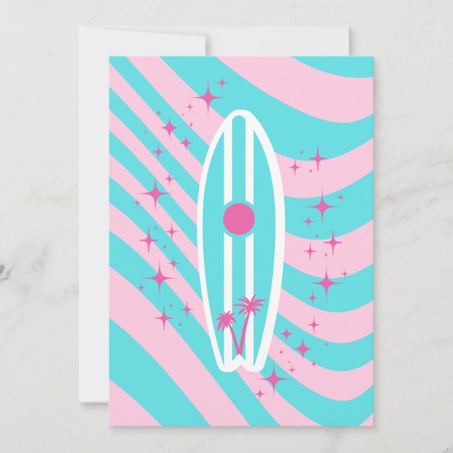 Pink Surfboard, Beach Art, Tropical Vibes, Preppy Thank You Card (Front)
