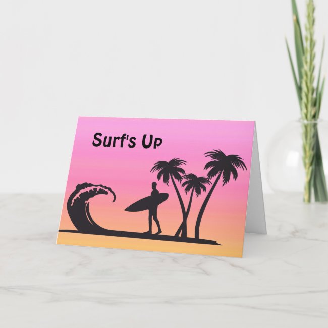 Pink Surfer Silhouette at Sunset Blank Card