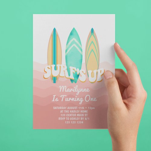 Pink Surfs Up Surfboard 1st Birthday Invitation