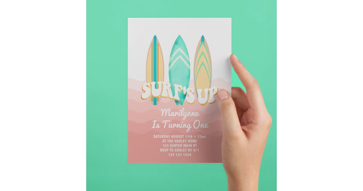 Pink Surfs Up Surfboard 1st Birthday Invitation | Zazzle