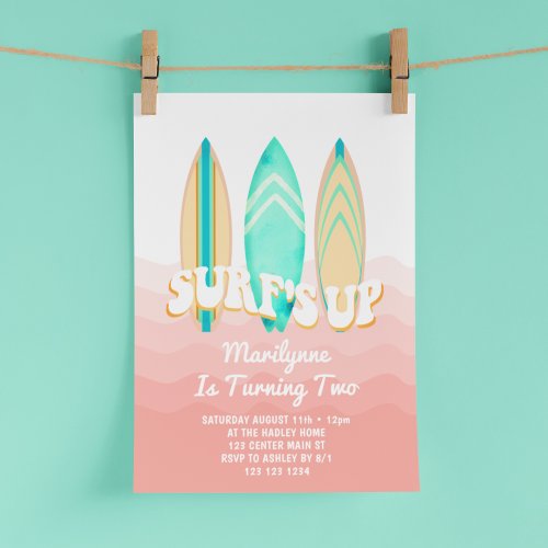 Pink Surfs Up Surfboard 2nd Birthday Invitation