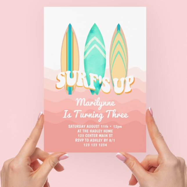 Pink Surfs Up Surfboard 3rd Birthday Invitation (Creator Uploaded)
