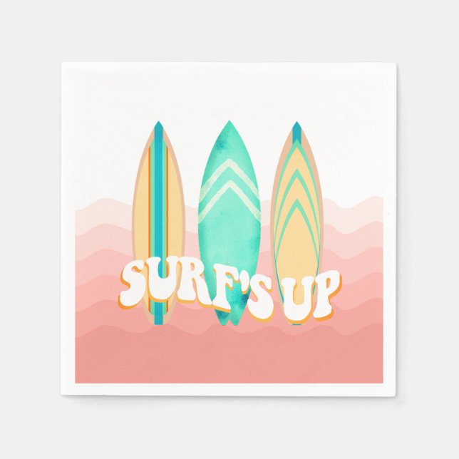 Pink Surfs Up Surfboard Birthday Napkins (Front)