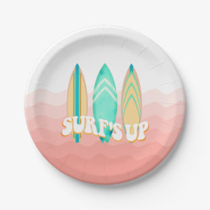 Pink Surfs Up Surfboard Birthday Paper Plates