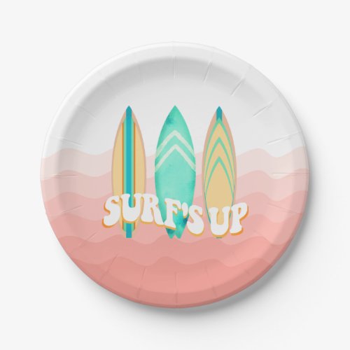 Pink Surfs Up Surfboard Birthday Paper Plates