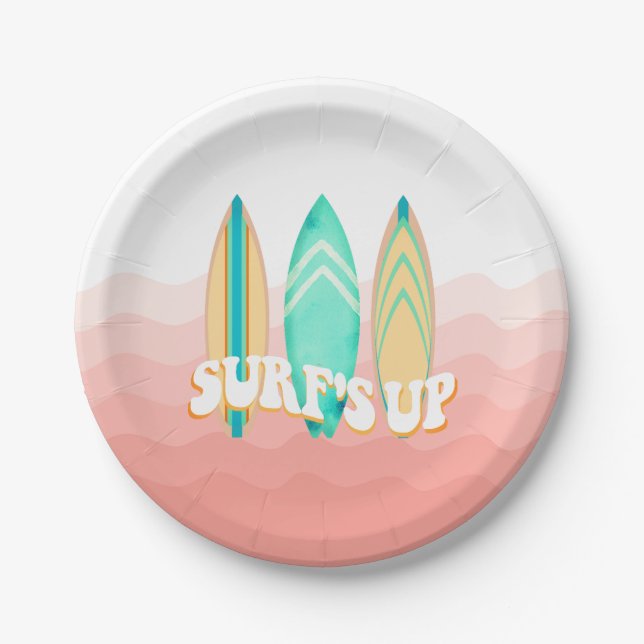 Pink Surfs Up Surfboard Birthday Paper Plates (Front)