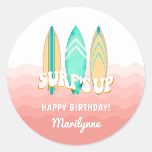 Pink Surfs Up Surfboard Birthday Sticker