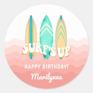 Pink Surfs Up Surfboard Birthday Sticker