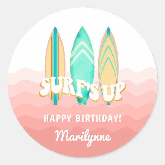 Pink Surfs Up Surfboard Birthday Sticker (Front)
