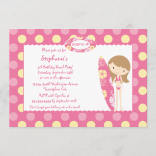 Pink surf's up swimming birthday party invitation