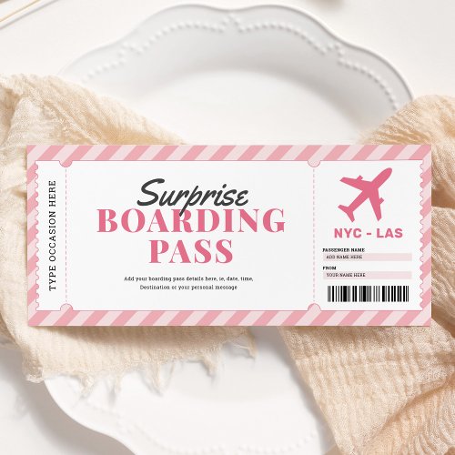 Pink Surprise Boarding Pass Airplane Gift Ticket Invitation