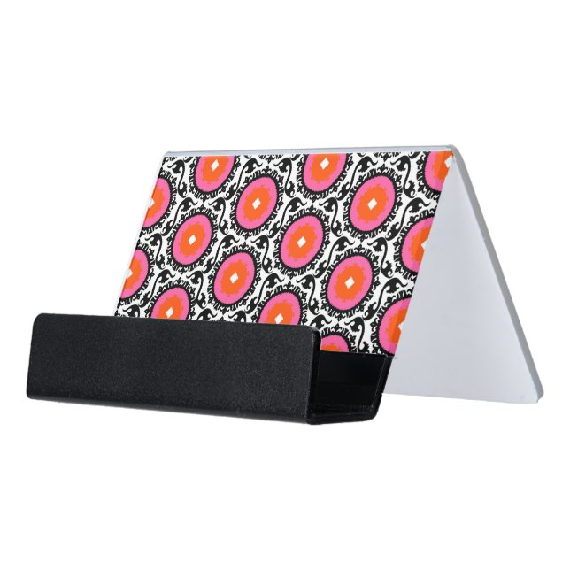 Pink Suzani Pattern Desk Business Card Holder (Angled Front)
