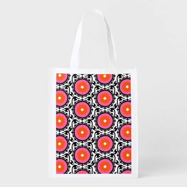 Pink Suzani Pattern Reusable Grocery Bag (Front)