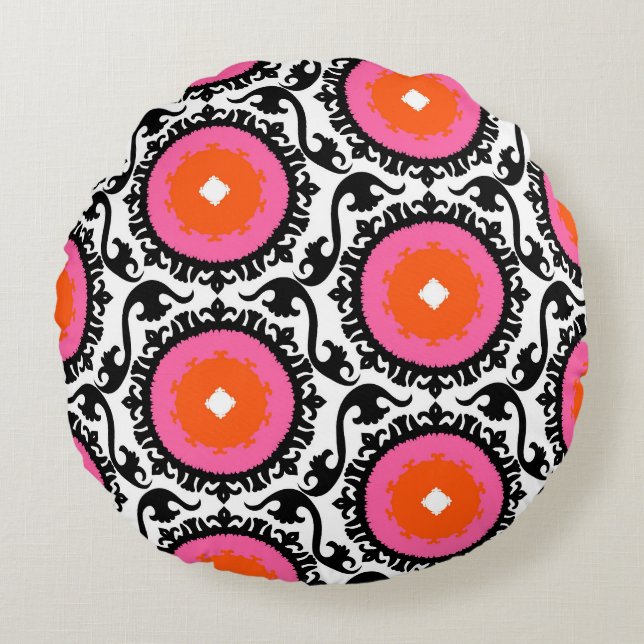 Pink Suzani Pattern Round Pillow (Front)