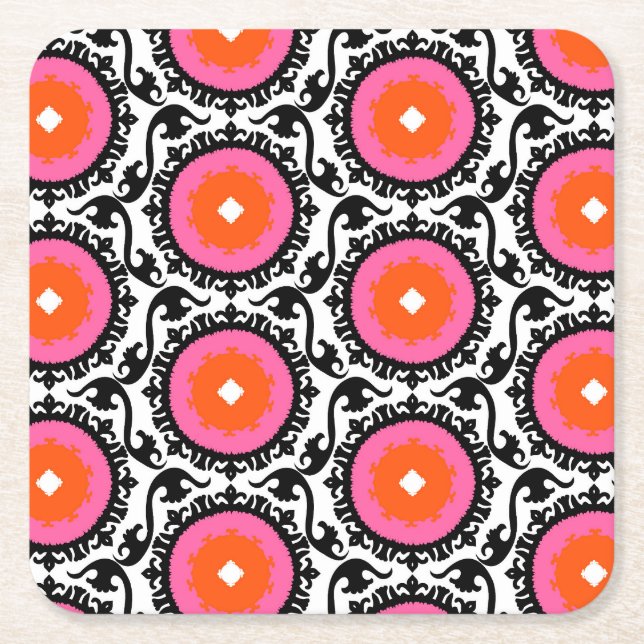 Pink Suzani Pattern Square Paper Coaster (Front)