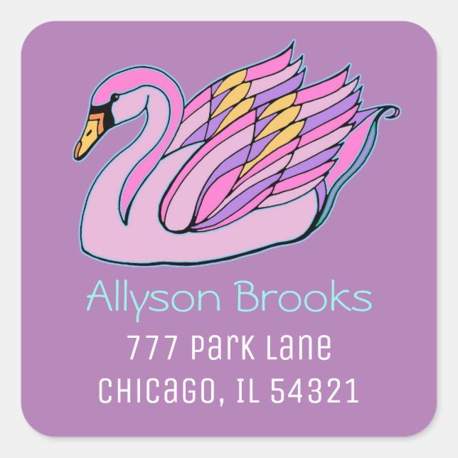 Pink Swan Art, Name, Return Address, Lavender Square Sticker (Front)
