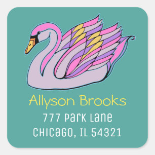 Pink Swan Art, Name, Return Address, Teal Square Sticker