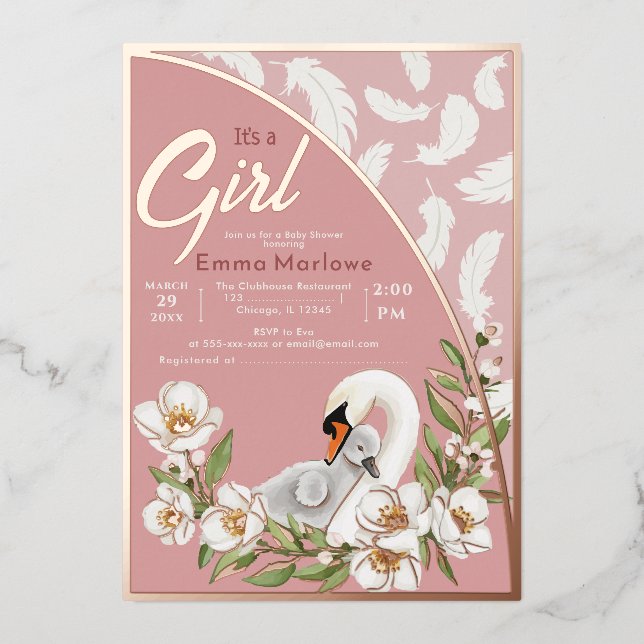 Pink Swan Baby Foil Invitation (Front)